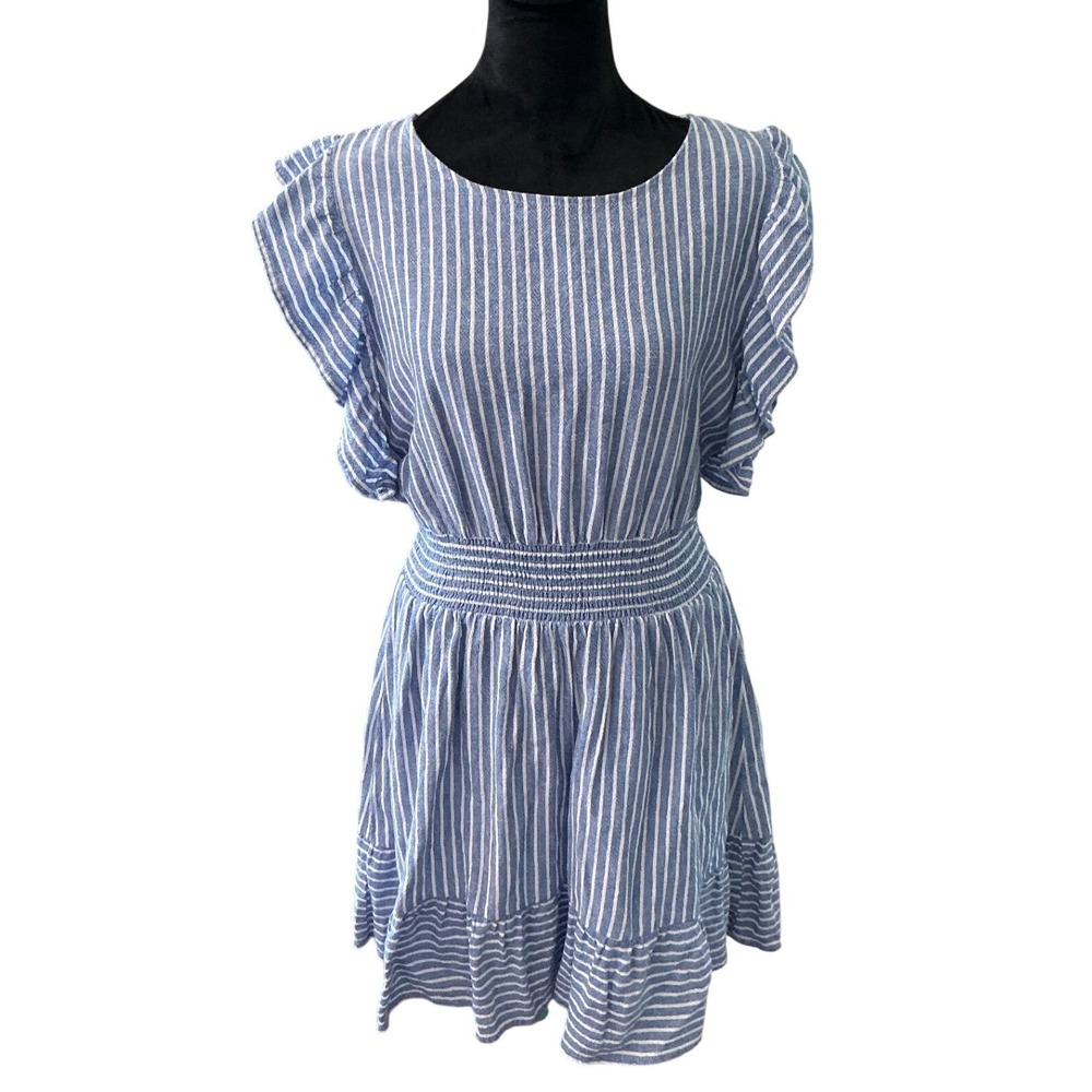Nicole Miller Blue White Striped Linen Smocked Ruffle Fit Flare Dress Small